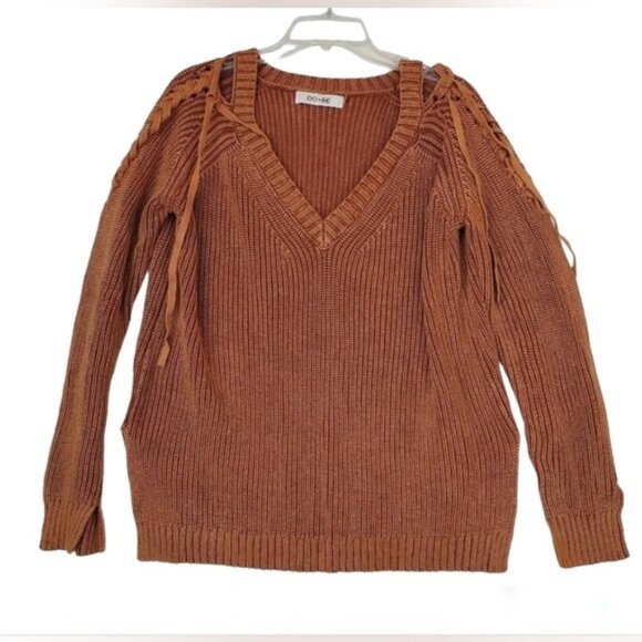 Braided Shoulder Sweater Split Cuff 100% Cotton Rust Brown EUC! Sz M - Picture 2 of 13